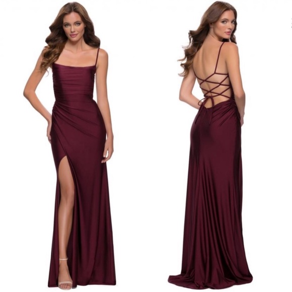 La Femme Dresses & Skirts - La Femme Square Neck Shiny Jersey Gown Maxi Dress 29710 in Dark Berry Size 00